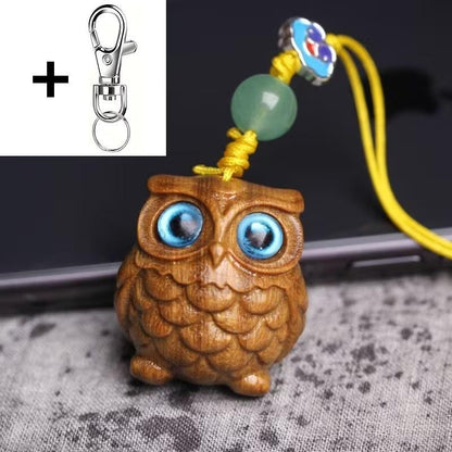Mini Carved Wooden Blue Eyed Owl Charm Keyring Keychain Phone Srap Gift UK