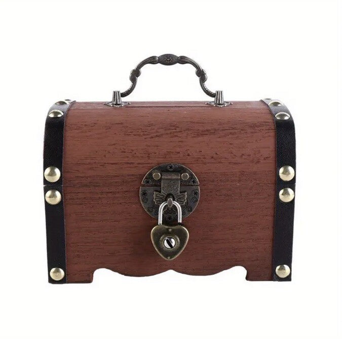Rustic Vintage Wooden Treasure Chest Coin Savings Box with Lock & Key