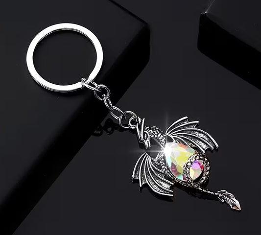 Metal Dragon With Glass Coloured Gem Stone Shaped Keyring Keychain Gift UK