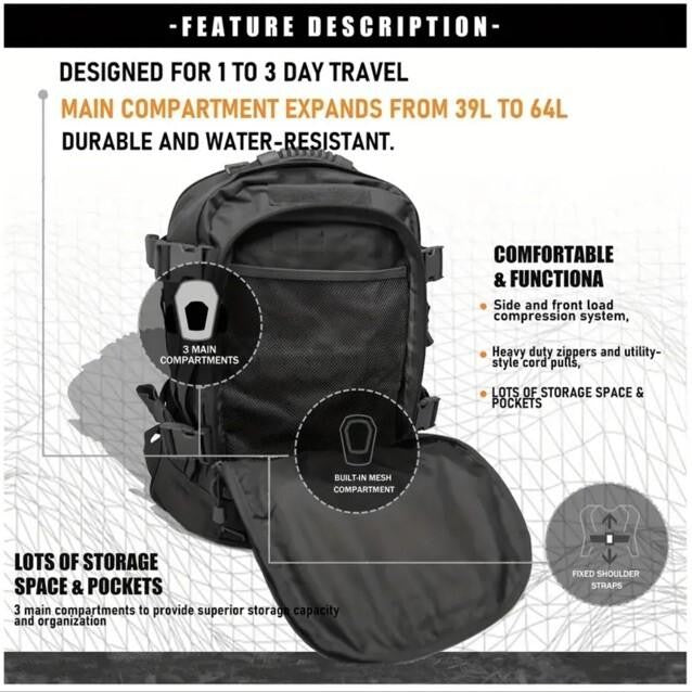 Black Large Capacity Backpack, 40L - 60L Sports Bag Outdoor Camping Hiking Travel