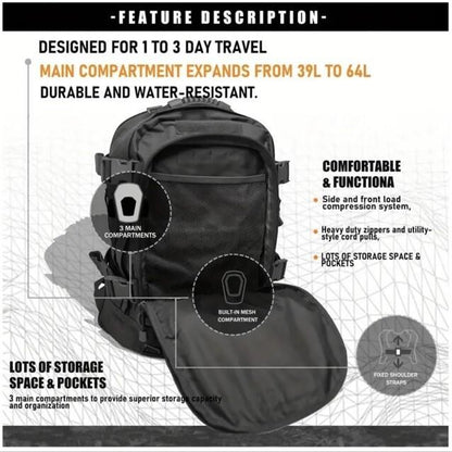 Black Large Capacity Backpack, 40L - 60L Sports Bag Outdoor Camping Hiking Travel