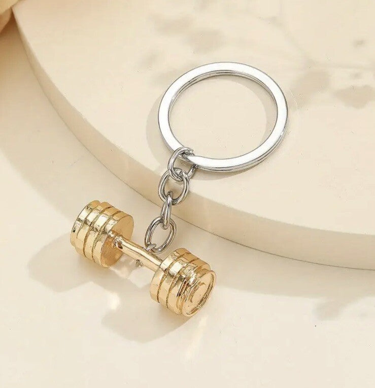 Metal Golden Coloured Gym Dunbell Shaped Keyring Premium Keychain Gift UK