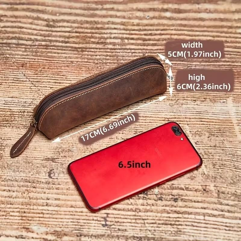 Cowhide Vintage Style Pencil Case Premium Genuine Leather Glasses Storage Bag