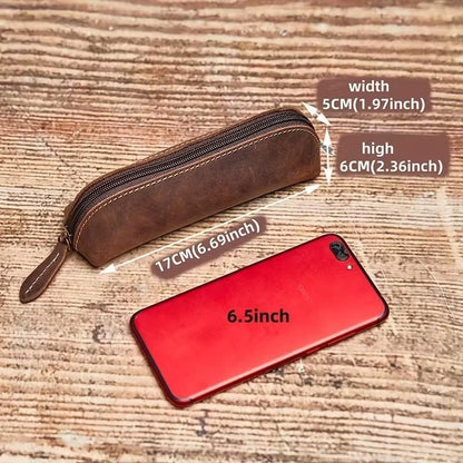 Cowhide Vintage Style Pencil Case Premium Genuine Leather Glasses Storage Bag