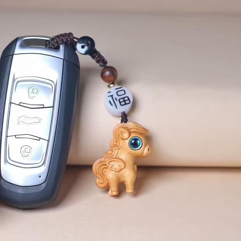 Mini Carved Wooden Blue Eyed Horse Pony Charm Keyring Keychain Gift UK