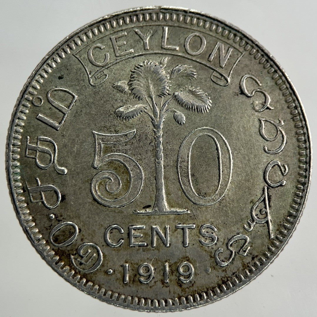 1919 Ceylon 50 Cents Silver Coin | Very High Grade