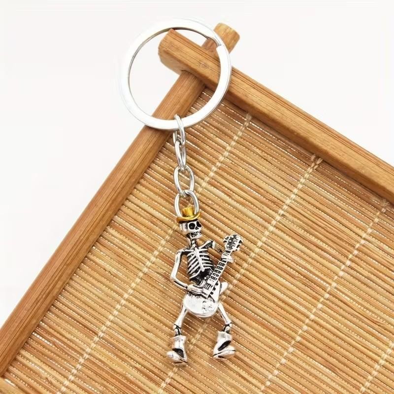 Mini Metal Skeleton Playing Guitar With Golden Hat Keyring Keychain Gift UK