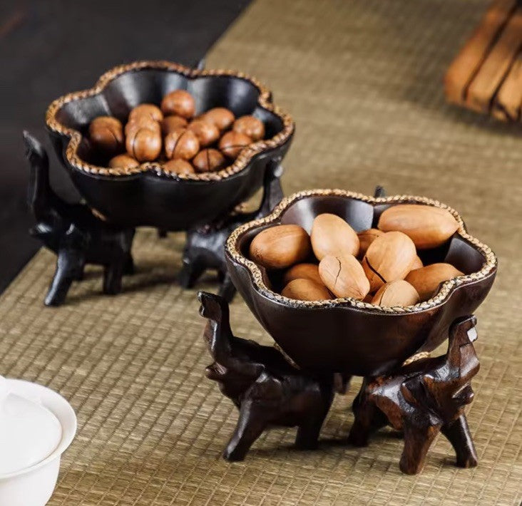 Wooden Hand Carved Elephant Tabletop Nuts seeds Fruit Sweet Tray Bowl Dish