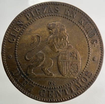 1870 Spain 10 Centimos Coin | Fine Collectable Grade