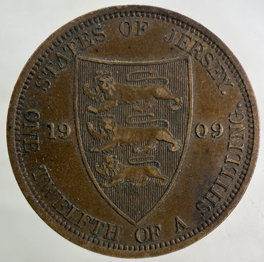1909 Jersey 1/12th One Twelfth Of A Shilling Coin | Fine Collectable Grade