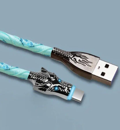 Blue Glowing Dragon USB A To Type C Cable 100W Fast Charger Data Transfer 1M
