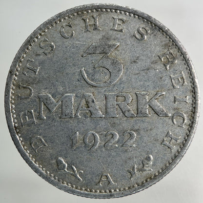 1922 Germany 3 Mark Coin | Fine Collectable Grade