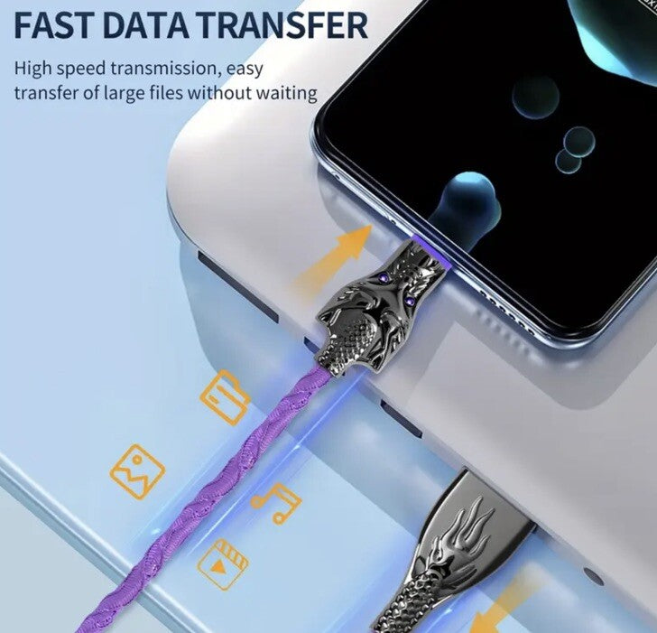 Blue Glowing Dragon USB A To Type C Cable 100W Fast Charger Data Transfer 1M