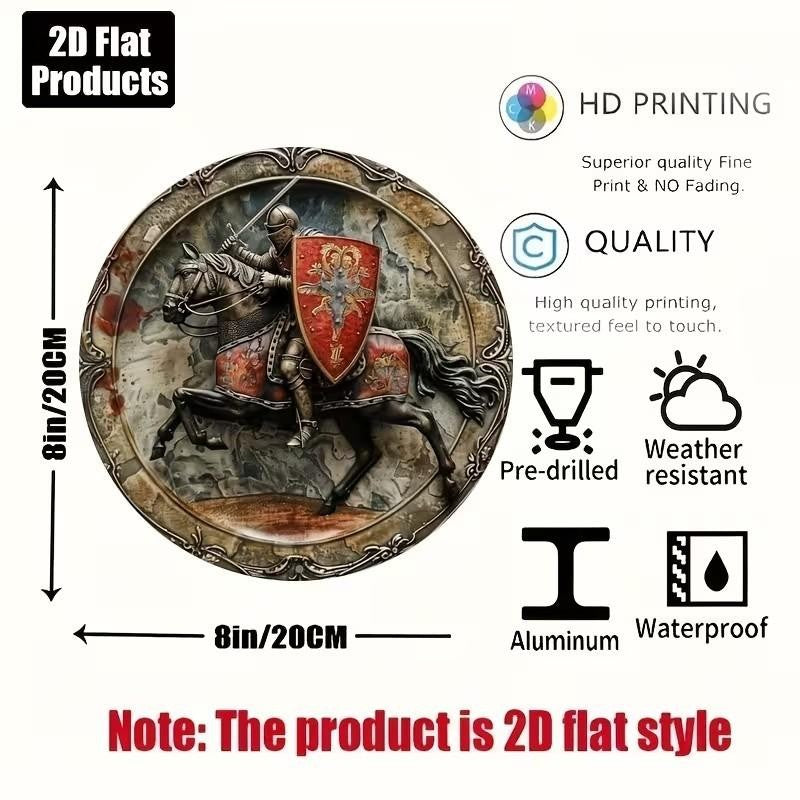 Medieval Knight On Horseback Wall Art Decorative Round Metal Sign 20x20cm Gift
