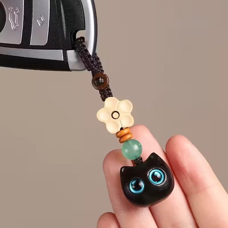 Mini Carved Wooden Blue Eyed Black Cat Charm Keyring Keychain Gift UK