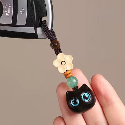 Mini Carved Wooden Blue Eyed Black Cat Charm Keyring Keychain Gift UK