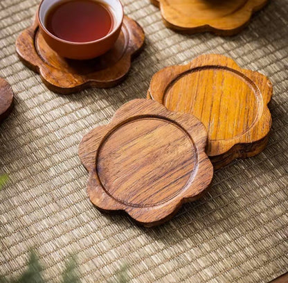 1 x Wooden Carved Flower Shaped Coaster Tabletop Coffee Drink Rustic Tray