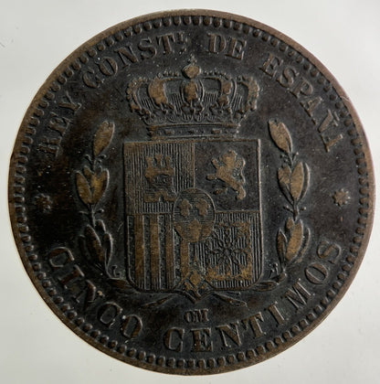 1878 Spain 5 Centimos Coin | Fine Collectable Grade