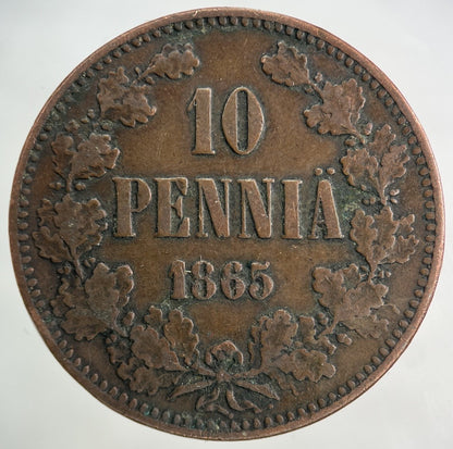 1865 Finland 10 Pennia Coin | Fine Collectable Grade