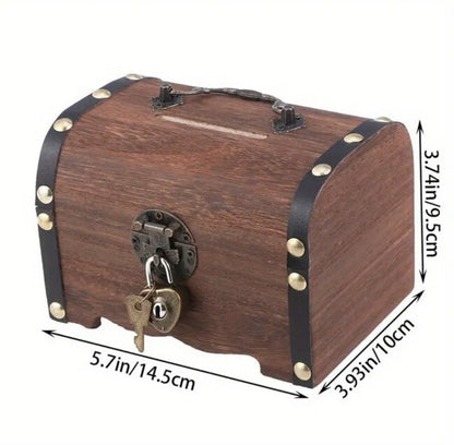 Rustic Vintage Wooden Treasure Chest Coin Savings Box with Lock & Key