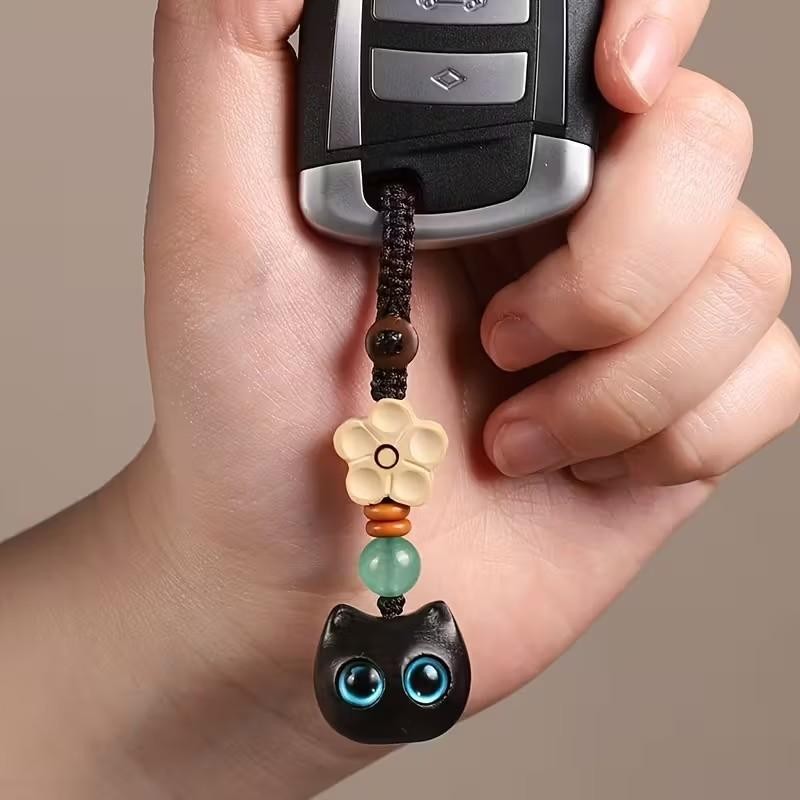 Mini Carved Wooden Blue Eyed Black Cat Charm Keyring Keychain Gift UK