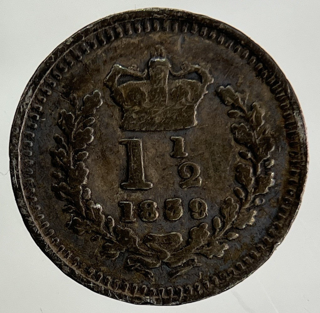 1839 Victoria Three Half Pence 1 1/2 Silver Coin | Collectable Grade