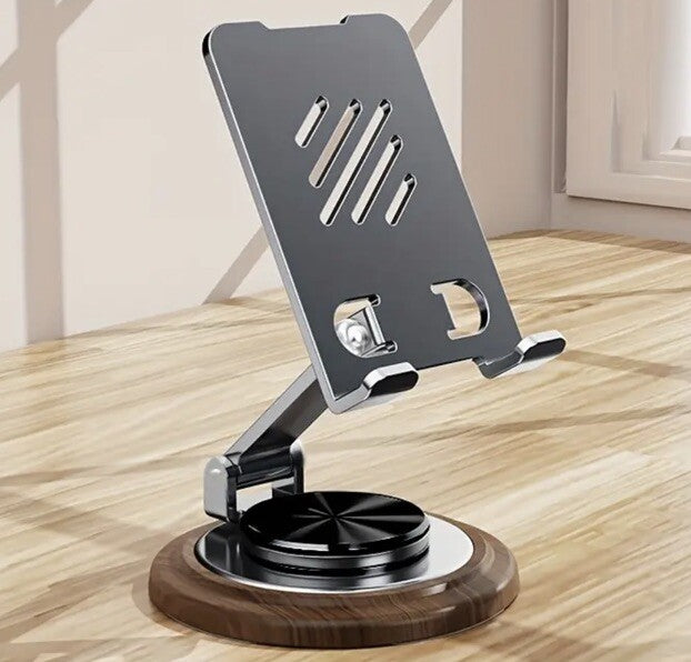 Grey Metal Phone Tablet iPad Adjustable View Angle Stand With A Wood Walnut Base