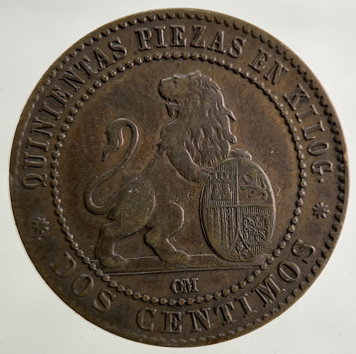 1870 Spain 2 Dos Centimos Coin | Fine Collectable Grade