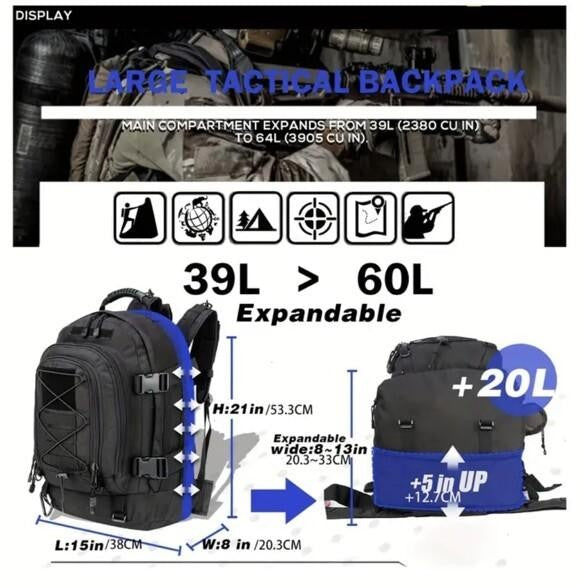 Black Large Capacity Backpack, 40L - 60L Sports Bag Outdoor Camping Hiking Travel