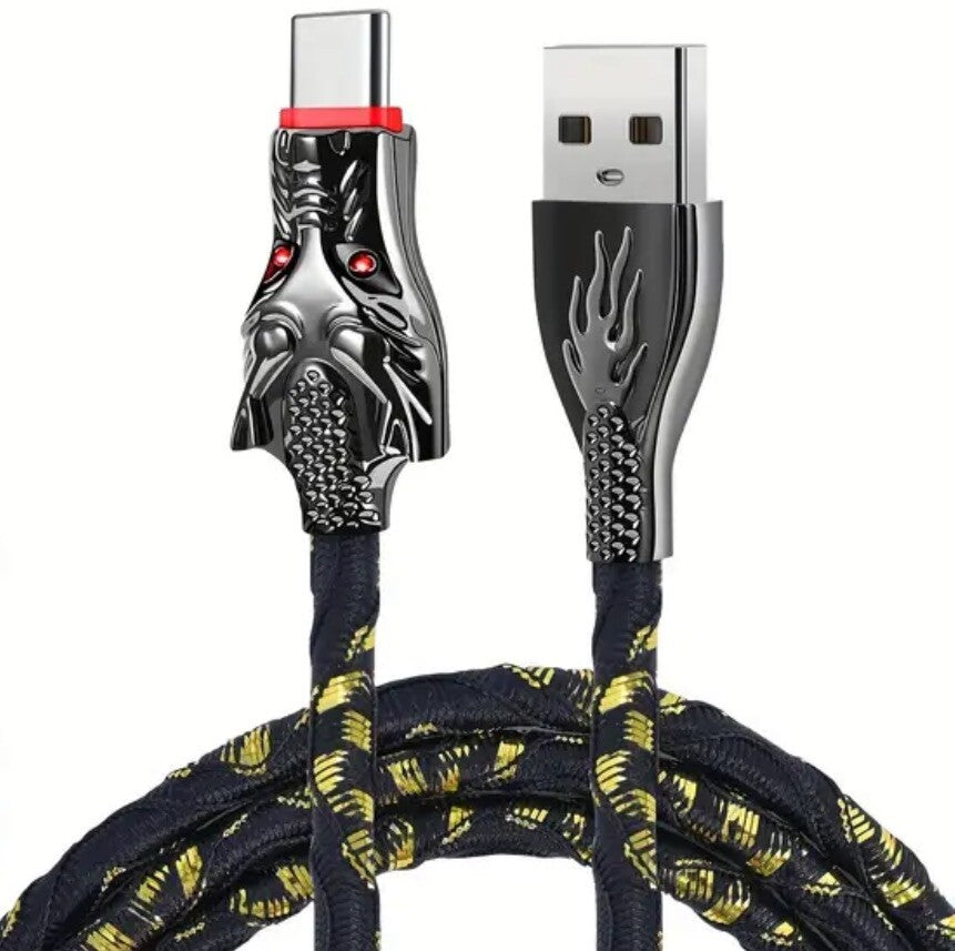 Black Glowing Dragon USB A To Type C Cable 100W Fast Charger Data Transfer 1M