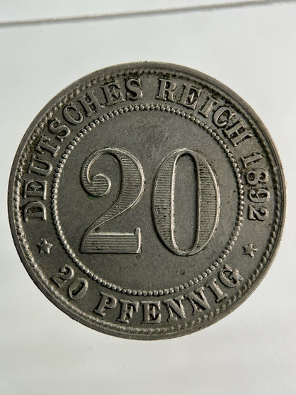1892 - G Germany 20 Pfennig Coin | Very High Grade