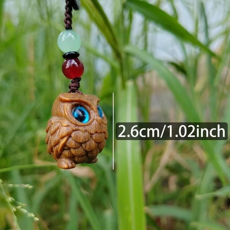 Mini Carved Wooden Blue Eyed Owl Charm Keyring Keychain Gift UK