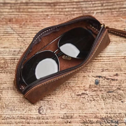 Cowhide Vintage Style Pencil Case Premium Genuine Leather Glasses Storage Bag