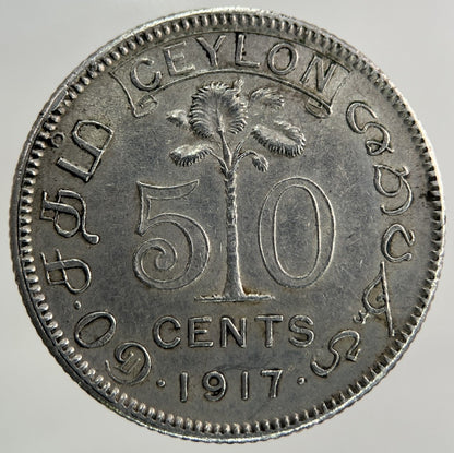 1917 Ceylon 50 Cents Silver Coin | Very High Grade
