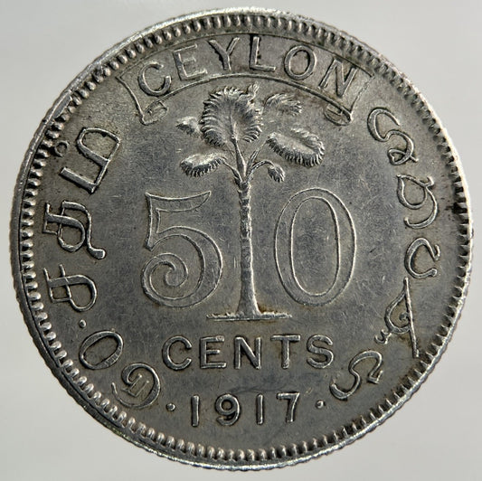 1917 Ceylon 50 Cents Silver Coin | Very High Grade