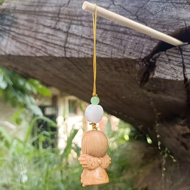 Mini Carved Wooden Cute Sitting Fairy Charm Keyring Keychain Phone Strap Gift UK