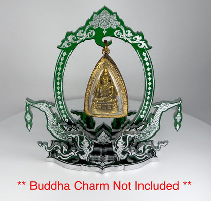 Green & Silver Thai Buddha Themed Hanging Charm / Amulet / Medal Display Stand