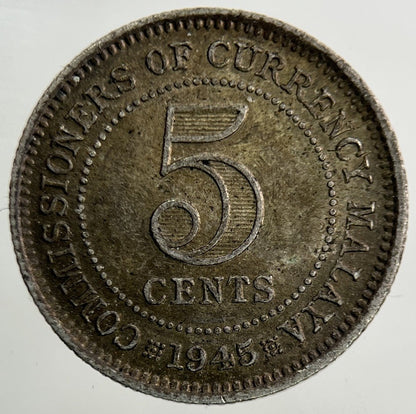 1945 Malaya Settlement Straits 5 Cents Coin | Fine Collectable Grade