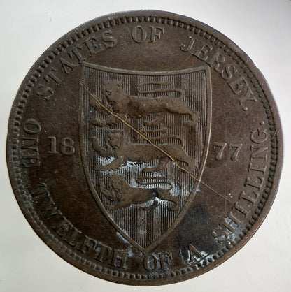1877 Jersey 1/12 One Twelfth Of A Shilling Coin | Fine Collectable Grade
