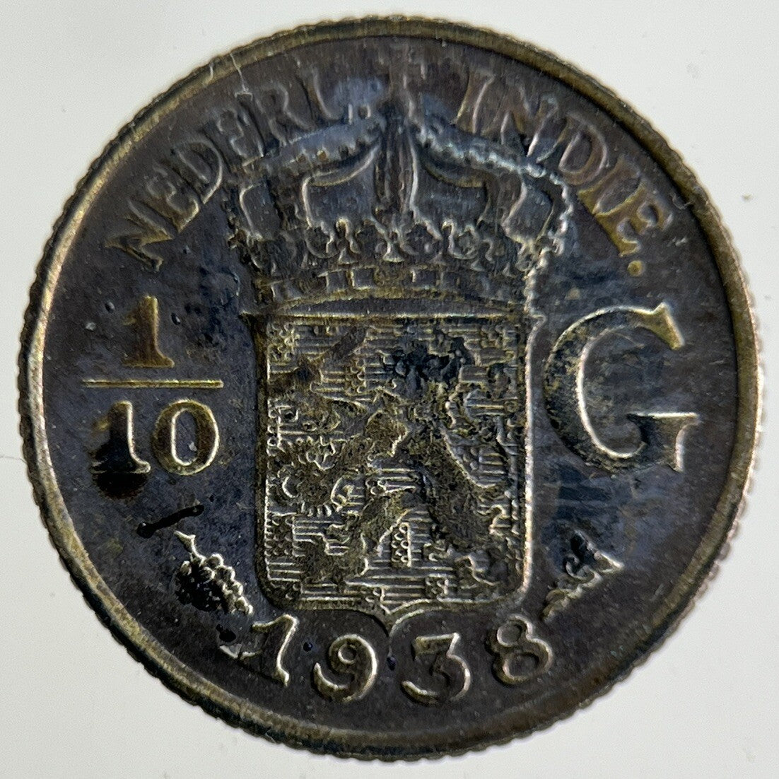 1938 Netherlands East Indies 1/10 Gulden Silver Coin | Fine Collectable Grade