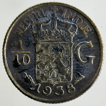 1938 Netherlands East Indies 1/10 Gulden Silver Coin | Fine Collectable Grade