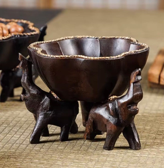 Wooden Hand Carved Elephant Tabletop Nuts seeds Fruit Sweet Tray Bowl Dish