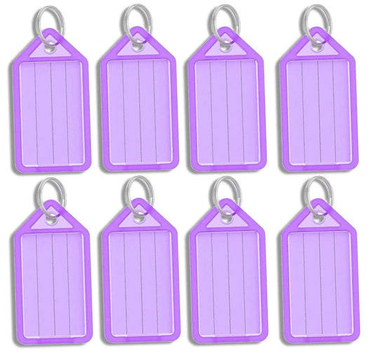 8 x Clear Purple Plastic Key - Ring ID Tags Name Label Key Fob Tag - UK Stock
