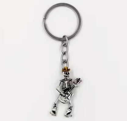 Mini Metal Skeleton Playing Guitar With Golden Hat Keyring Keychain Gift UK