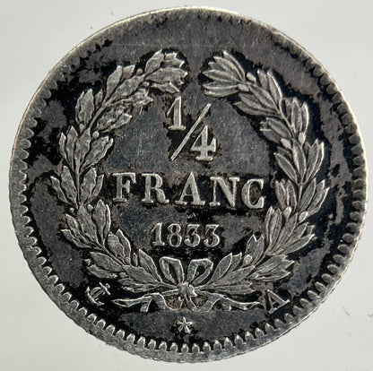 1833 France 1/4 Quarter Franc Silver Coin | Fine Collectable Grade