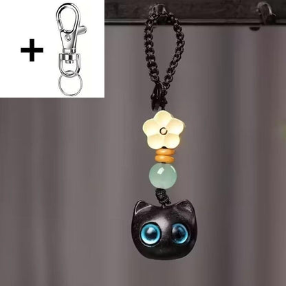 Mini Carved Wooden Blue Eyed Black Cat Charm Keyring Keychain Gift UK