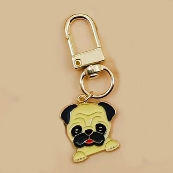 Mini Metal Pug Dog Charm Keyring Keychain Gift UK