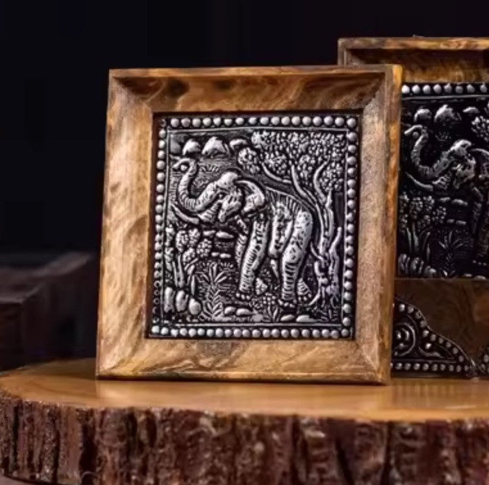 1 x Wooden Carved Coaster With Metal Elephant Liner Tabletop Coffee Drink Tray