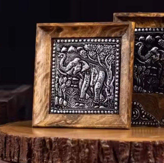 1 x Wooden Carved Coaster With Metal Elephant Liner Tabletop Coffee Drink Tray