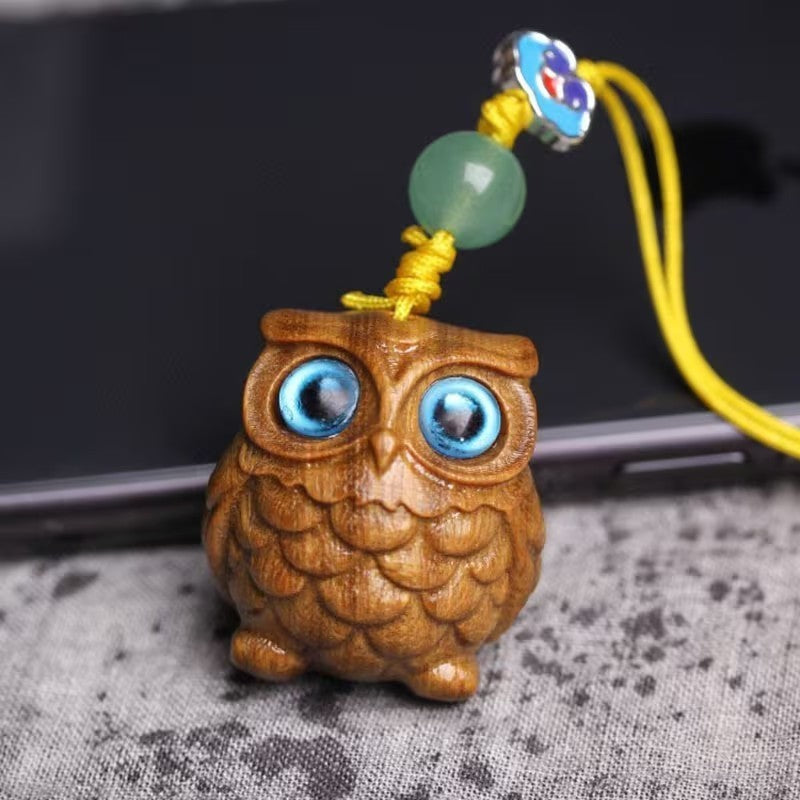 Mini Carved Wooden Blue Eyed Owl Charm Keyring Keychain Phone Srap Gift UK